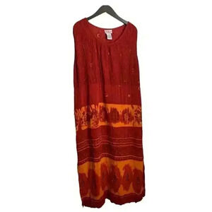 R&K Maxi Dress Sz 18W Red Boho Sleeveless Bamboo Buttons Smocked Chest Bohemian